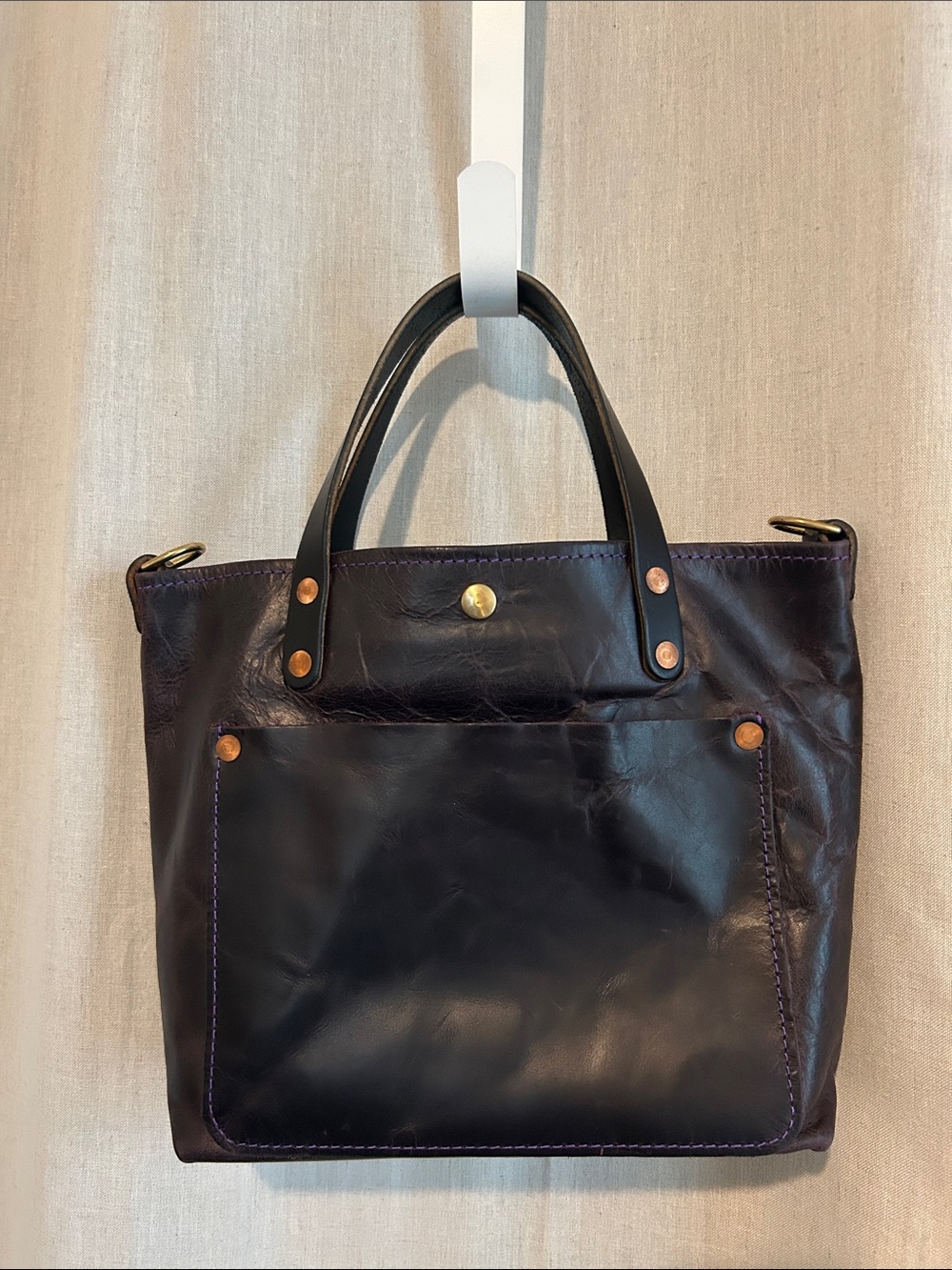 KMM & Co Glossy Purple leather mini travel tote black handles